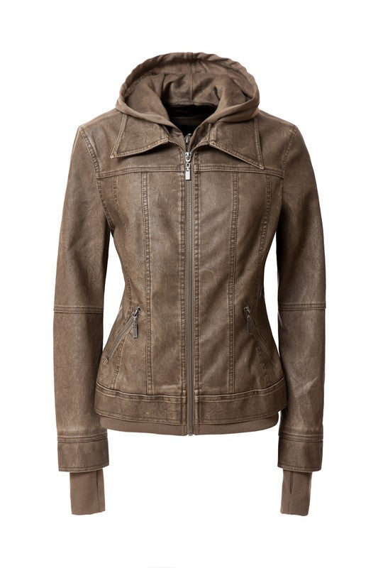 Women's Hood PU Leather Jacket - Tigbul's Variety Fashion Shop