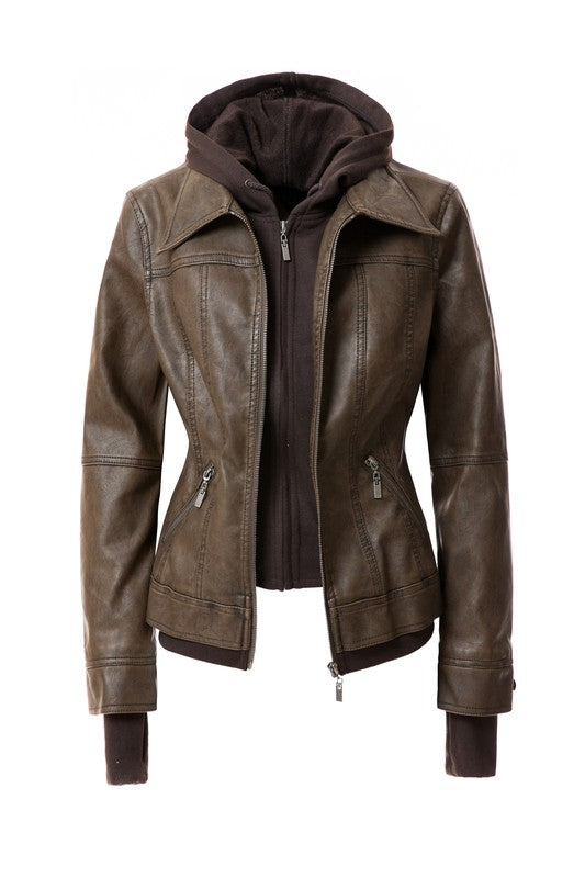 Women's Hood PU Leather Jacket - Tigbul's Variety Fashion Shop