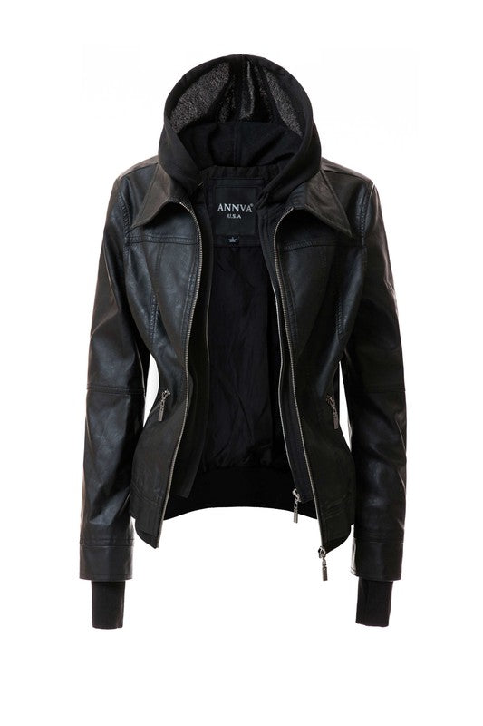 Women's Hood PU Leather Jacket - Tigbul's Variety Fashion Shop