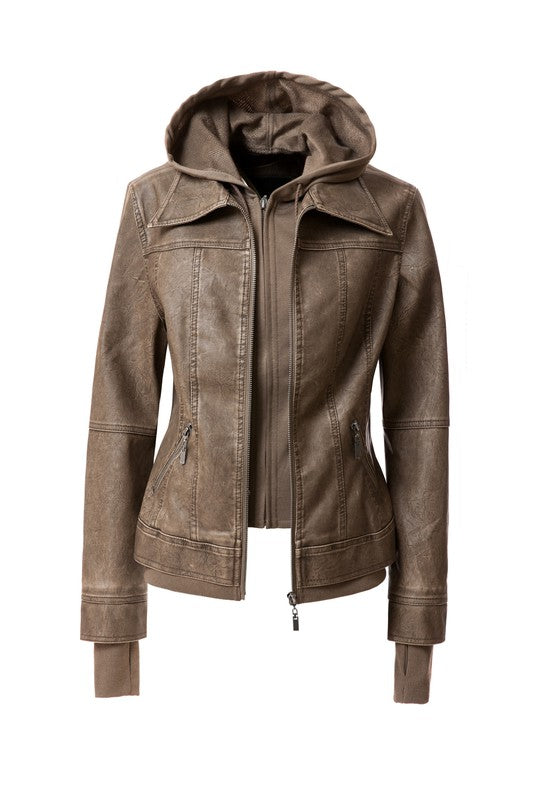 Women's Hood PU Leather Jacket - Tigbul's Variety Fashion Shop
