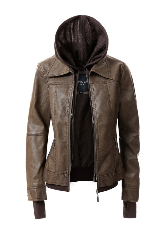 Women's Hood PU Leather Jacket - Tigbul's Variety Fashion Shop