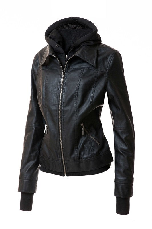 Women's Hood PU Leather Jacket - Tigbul's Variety Fashion Shop
