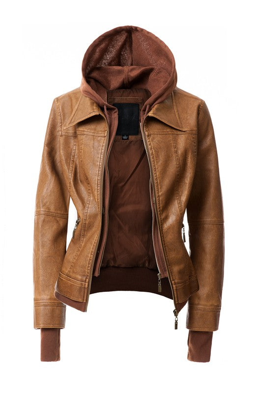 Women's Hood PU Leather Jacket - Tigbul's Variety Fashion Shop