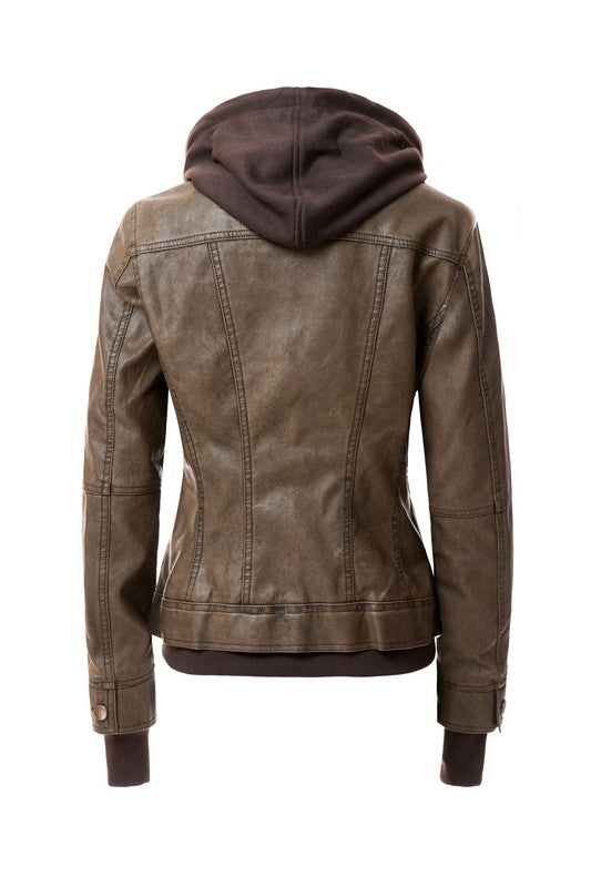 Women's Hood PU Leather Jacket - Tigbul's Variety Fashion Shop