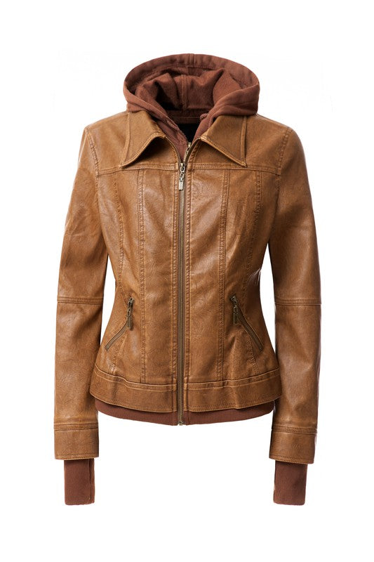 Women's Hood PU Leather Jacket - Tigbul's Variety Fashion Shop