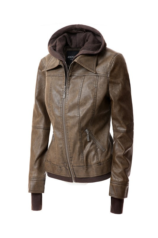 Women's Hood PU Leather Jacket - Tigbul's Variety Fashion Shop