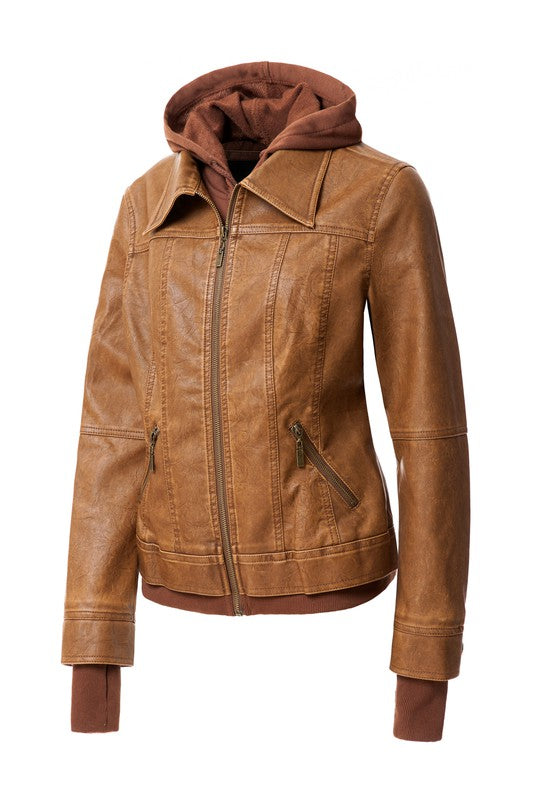 Women's Hood PU Leather Jacket - Tigbul's Variety Fashion Shop