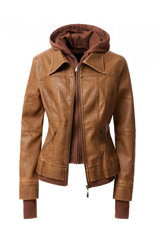 Women's Hood PU Leather Jacket - Tigbul's Variety Fashion Shop