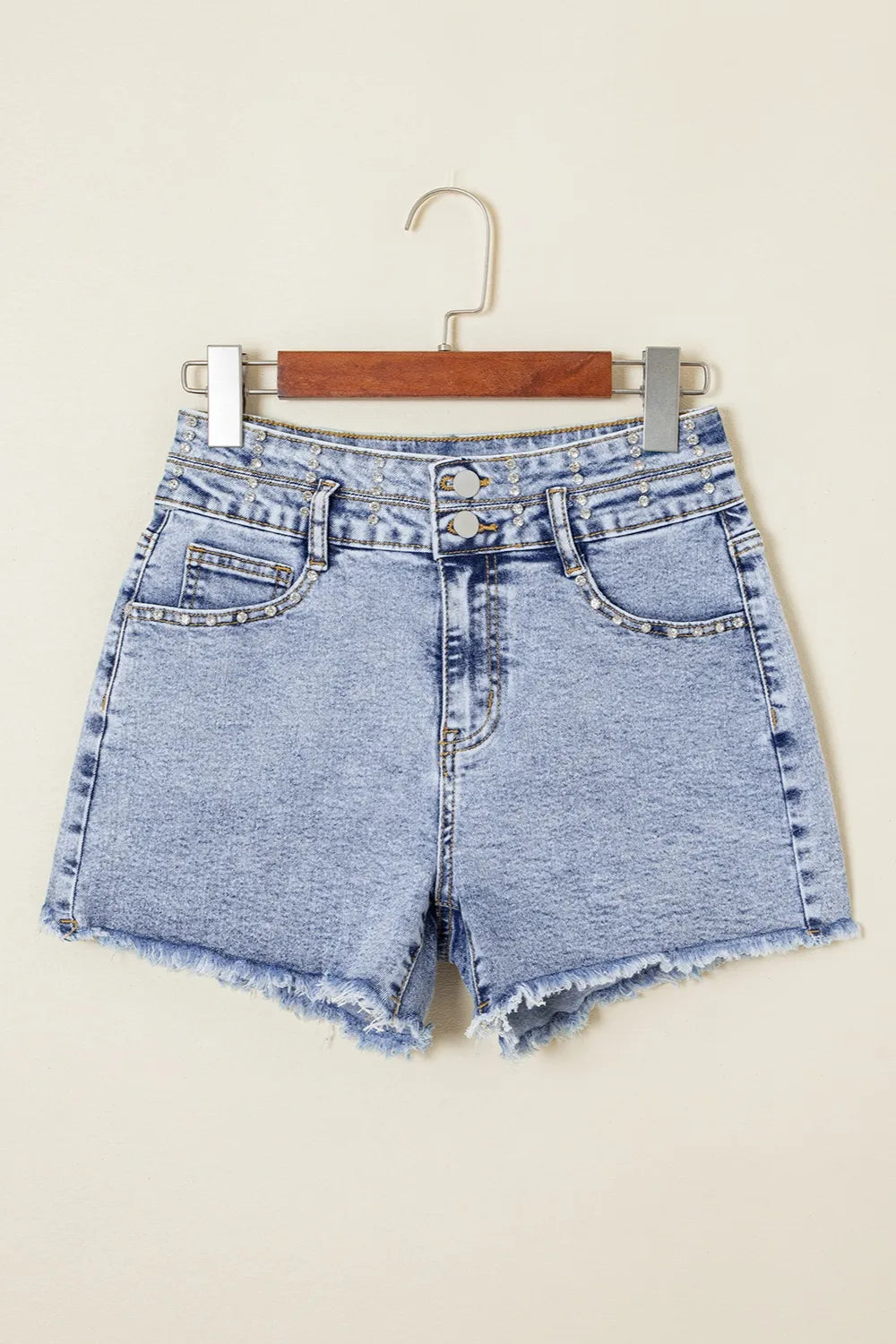 Rhinestone Light Wash Raw Hem High Waist Denim Shorts - Tigbul's Variety Fashion Shop