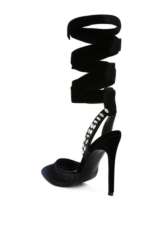 Velvet Diamante Tie Up High Heeled Sandals - Tigbul's Variety Fashion Shop