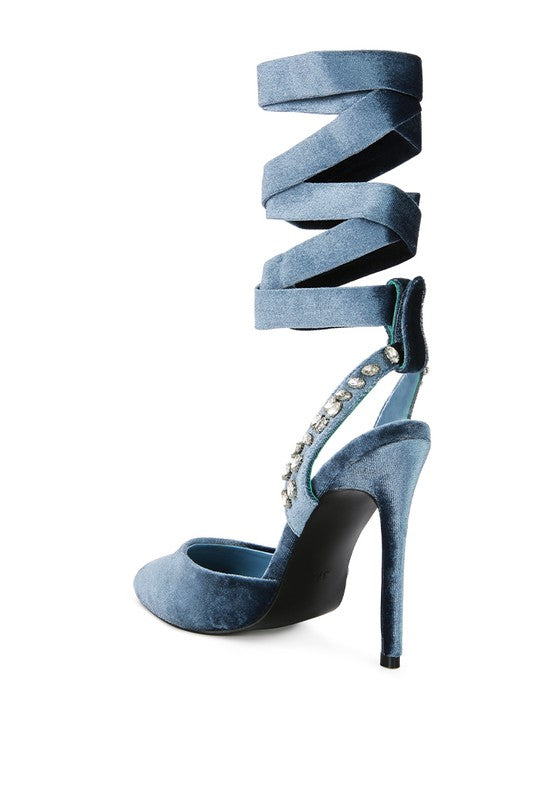 Velvet Diamante Tie Up High Heeled Sandals - Tigbul's Variety Fashion Shop