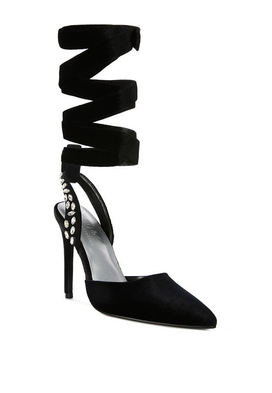 Velvet Diamante Tie Up High Heeled Sandals - Tigbul's Variety Fashion Shop