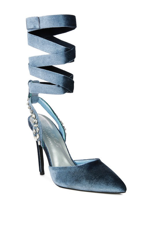 Velvet Diamante Tie Up High Heeled Sandals - Tigbul's Variety Fashion Shop