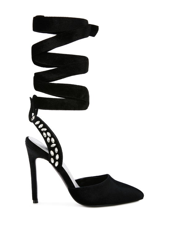 Velvet Diamante Tie Up High Heeled Sandals - Tigbul's Variety Fashion Shop