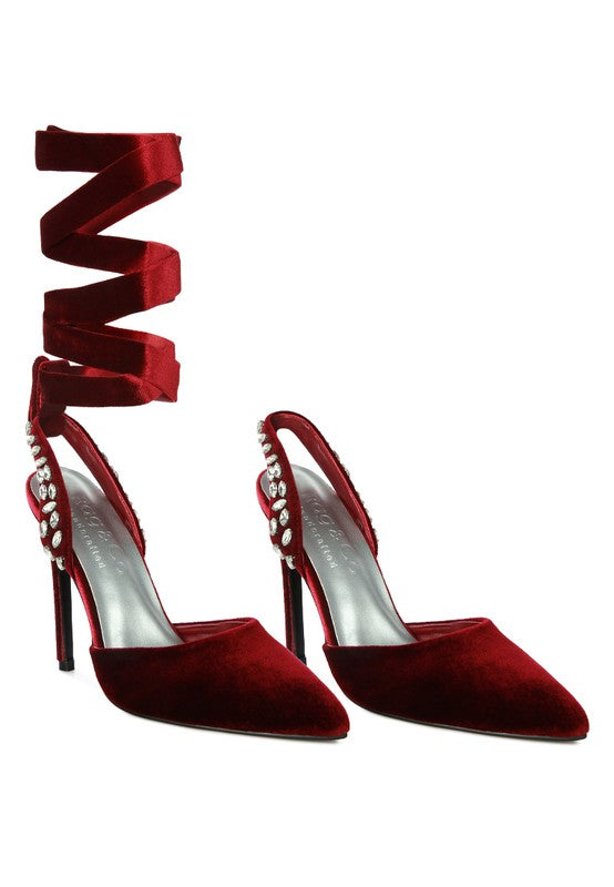 Velvet Diamante Tie Up High Heeled Sandals - Tigbul's Variety Fashion Shop