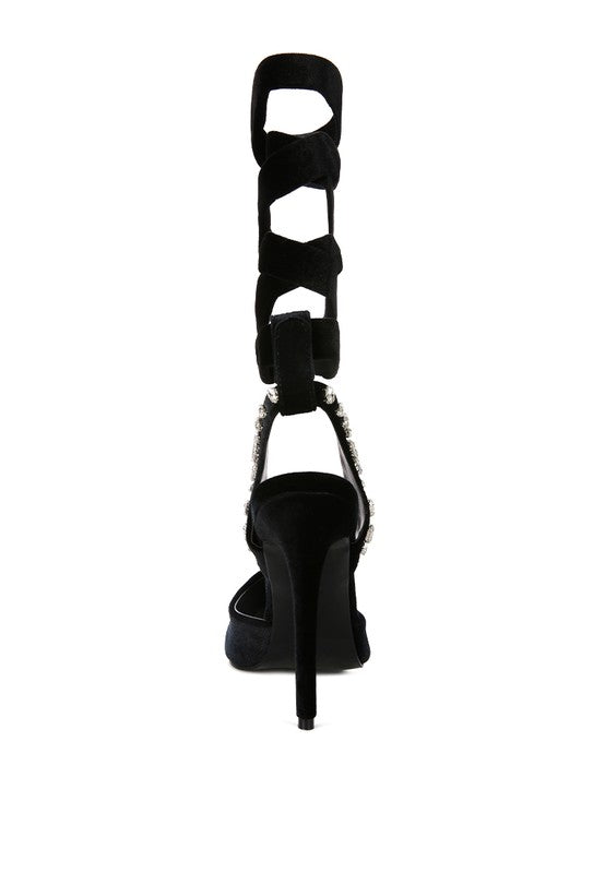 Velvet Diamante Tie Up High Heeled Sandals - Tigbul's Variety Fashion Shop