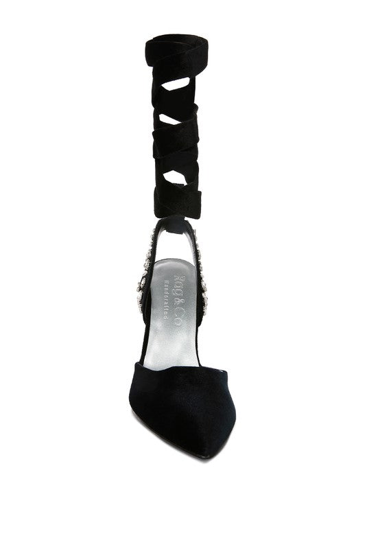 Velvet Diamante Tie Up High Heeled Sandals - Tigbul's Variety Fashion Shop