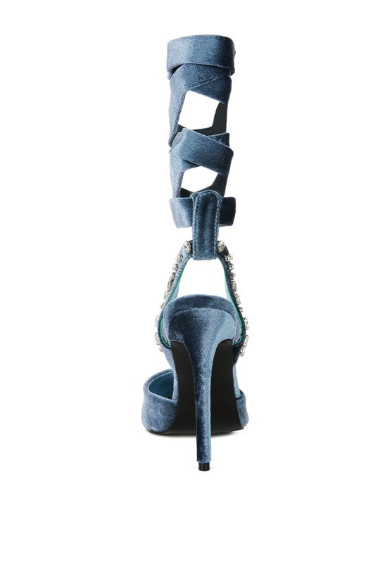Velvet Diamante Tie Up High Heeled Sandals - Tigbul's Variety Fashion Shop