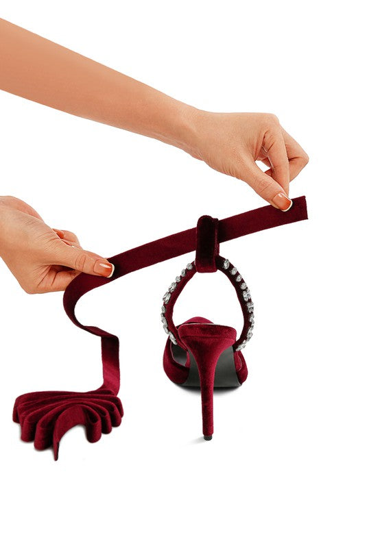 Velvet Diamante Tie Up High Heeled Sandals - Tigbul's Variety Fashion Shop