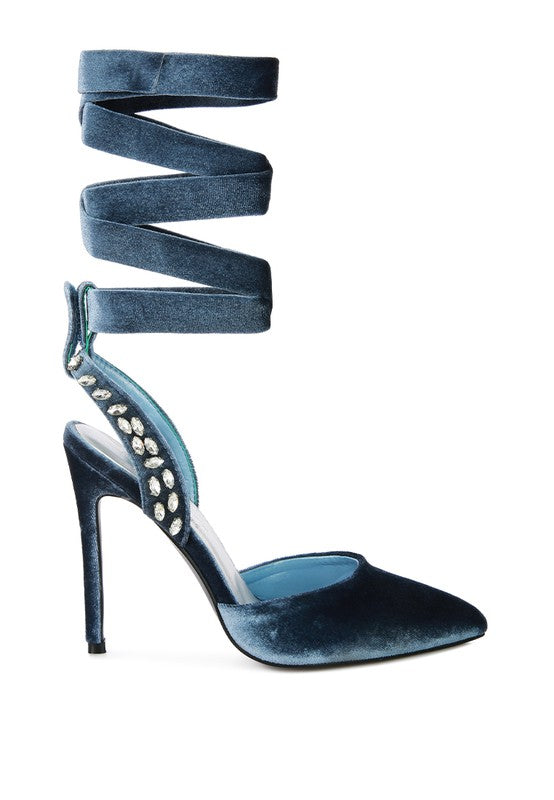 Velvet Diamante Tie Up High Heeled Sandals - Tigbul's Variety Fashion Shop