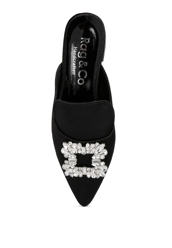 PERRINE Diamante Jewel Satin Mules in Black - Tigbul's Variety Fashion Shop