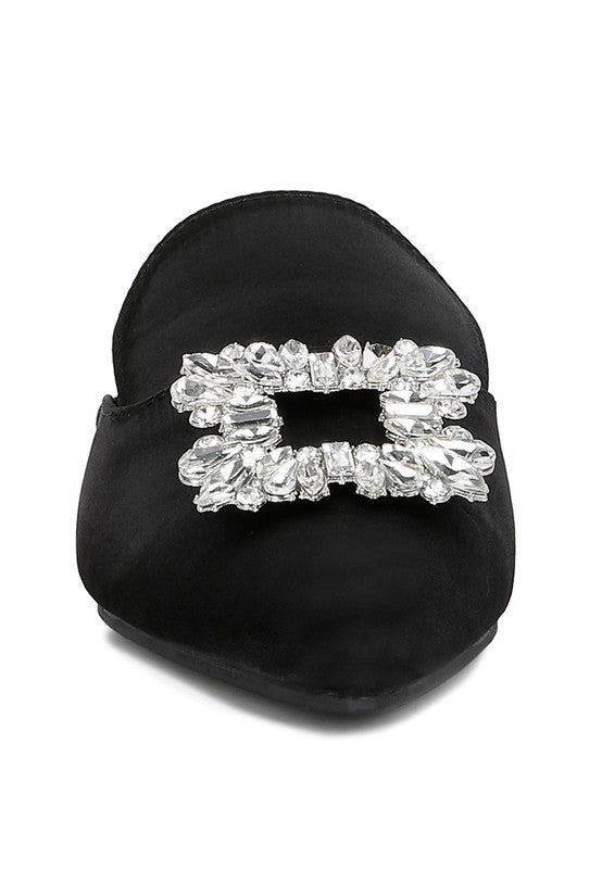 PERRINE Diamante Jewel Satin Mules in Black - Tigbul's Variety Fashion Shop