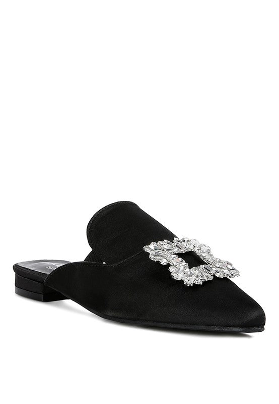 PERRINE Diamante Jewel Satin Mules in Black - Tigbul's Variety Fashion Shop
