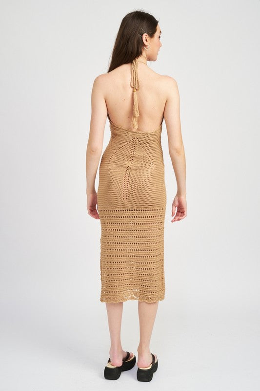CROCHET HALTER MIDI DRESS WITH SLIT - Tigbul's Variety Fashion Shop