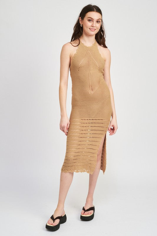 CROCHET HALTER MIDI DRESS WITH SLIT - Tigbul's Variety Fashion Shop