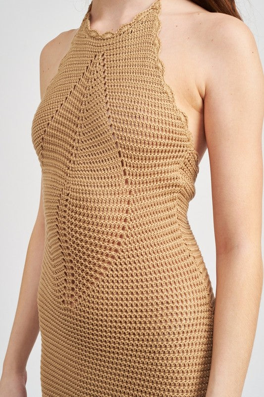 CROCHET HALTER MIDI DRESS WITH SLIT - Tigbul's Variety Fashion Shop