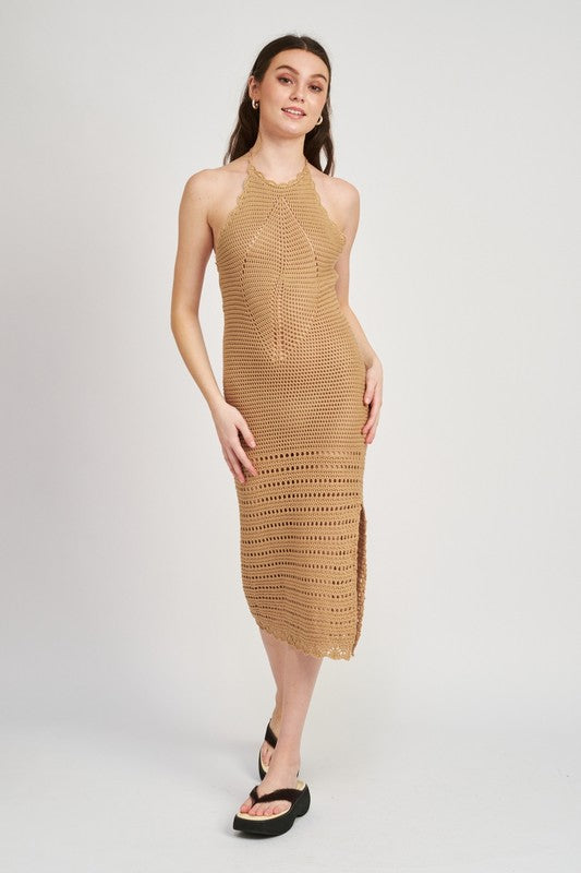 CROCHET HALTER MIDI DRESS WITH SLIT - Tigbul's Variety Fashion Shop