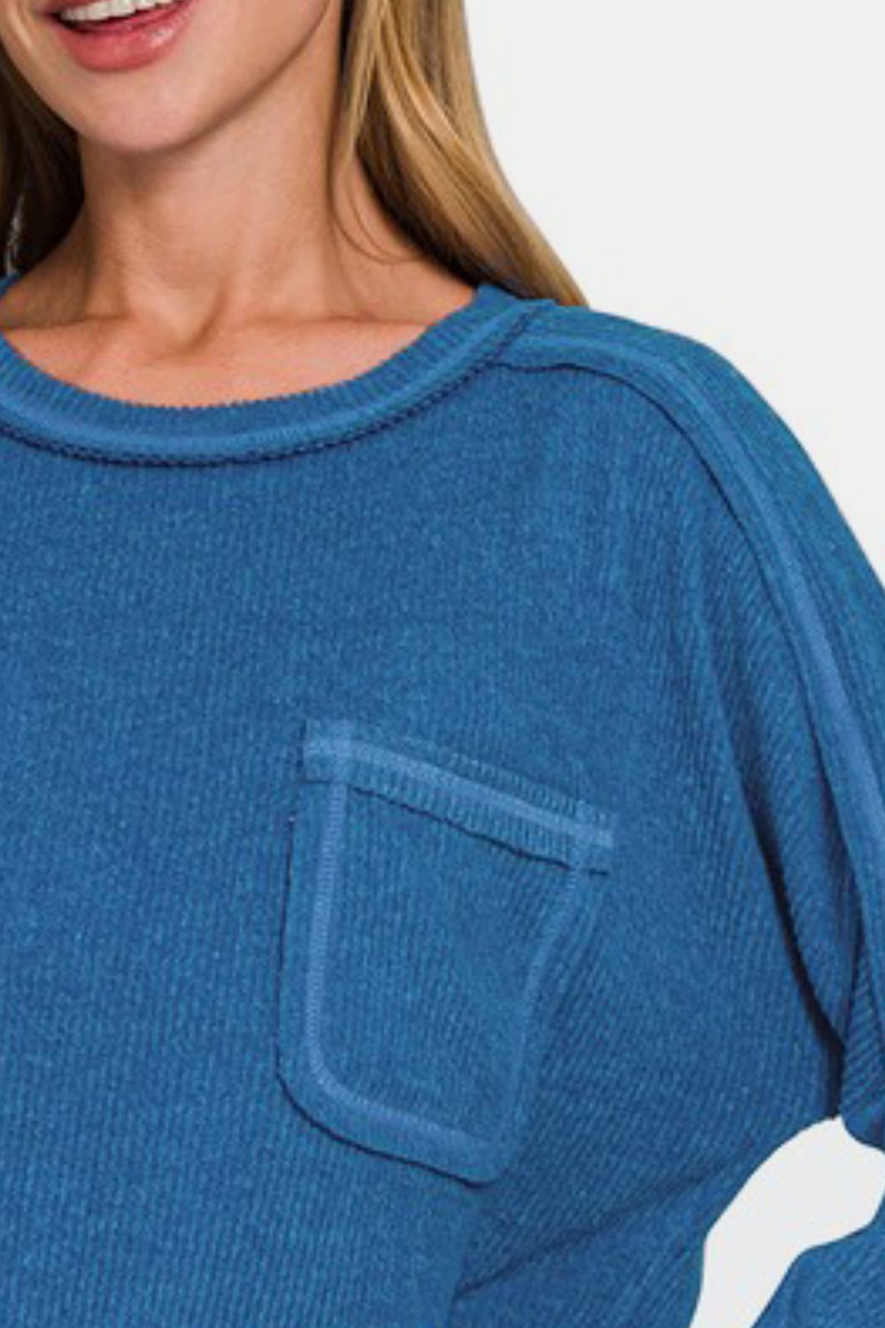 Royal Blue Contrast Stitching Brushed Ribbed Hacci Knit Top Plus Size - Tigbul's Variety Fashion Shop