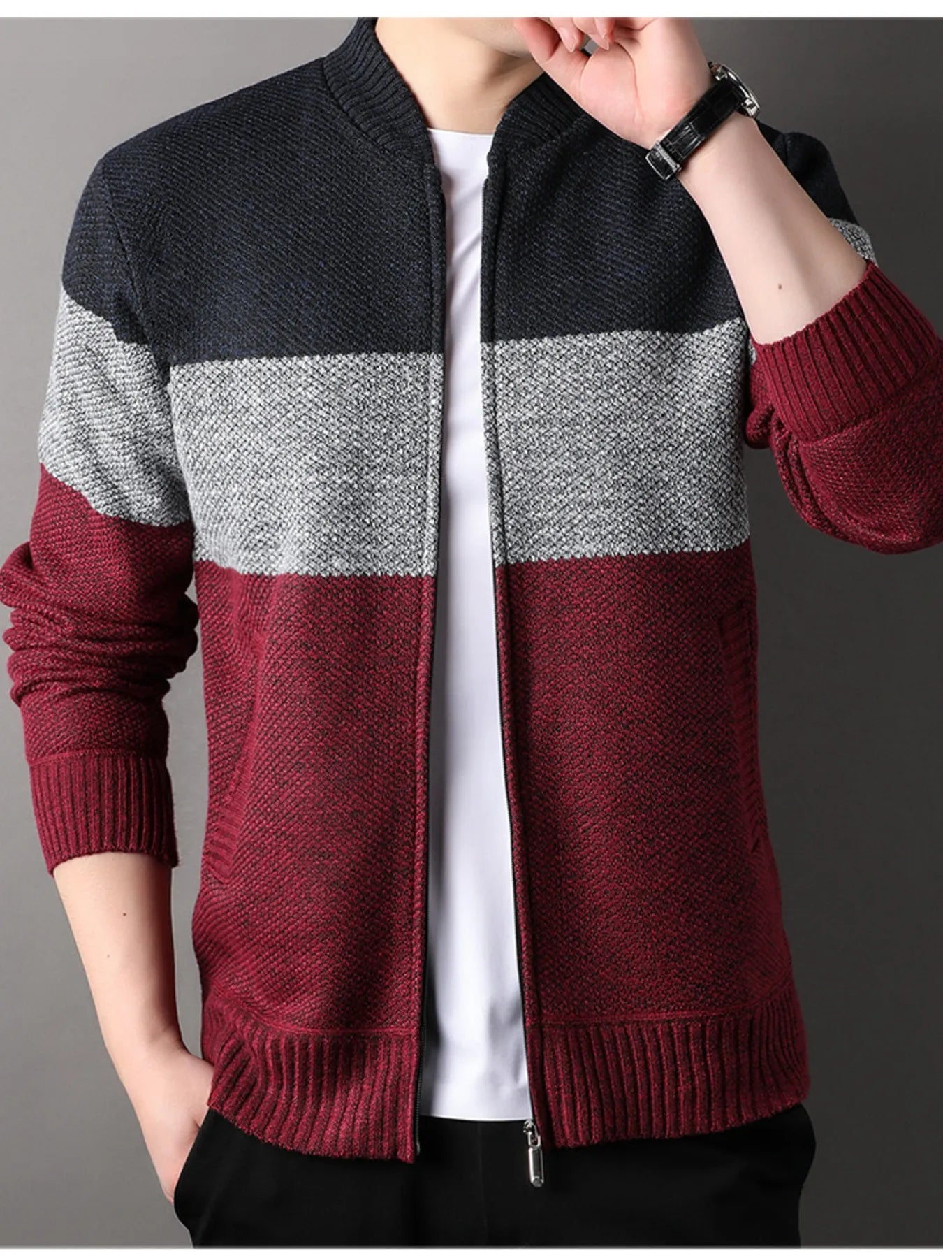Men's Plus Size Color Block Zip Up Cardigan - Tigbul's Variety Fashion Shop