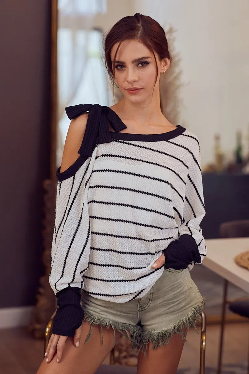 Stripe Yarn Dye Waffle One Shoulder Ribbon Detail Top - Tigbul's Variety Fashion Shop