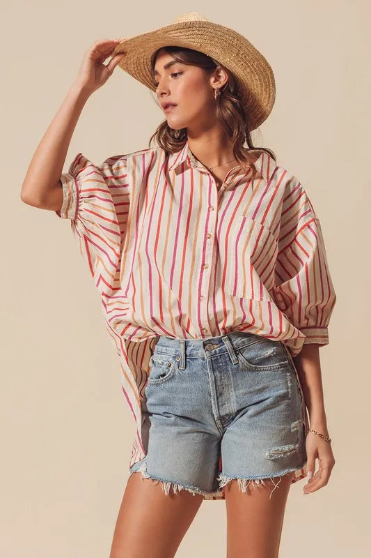Pink Multicolored Stripe Button Down Shirt - Tigbul's Variety Fashion Shop