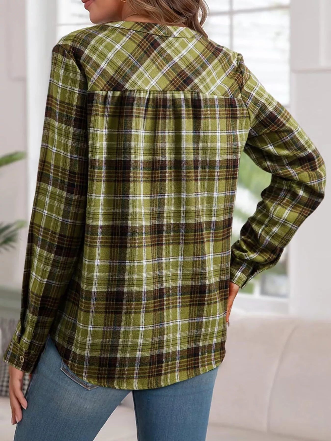 Plaid Half Button Long Sleeve Blouse - Tigbul's Variety Fashion Shop