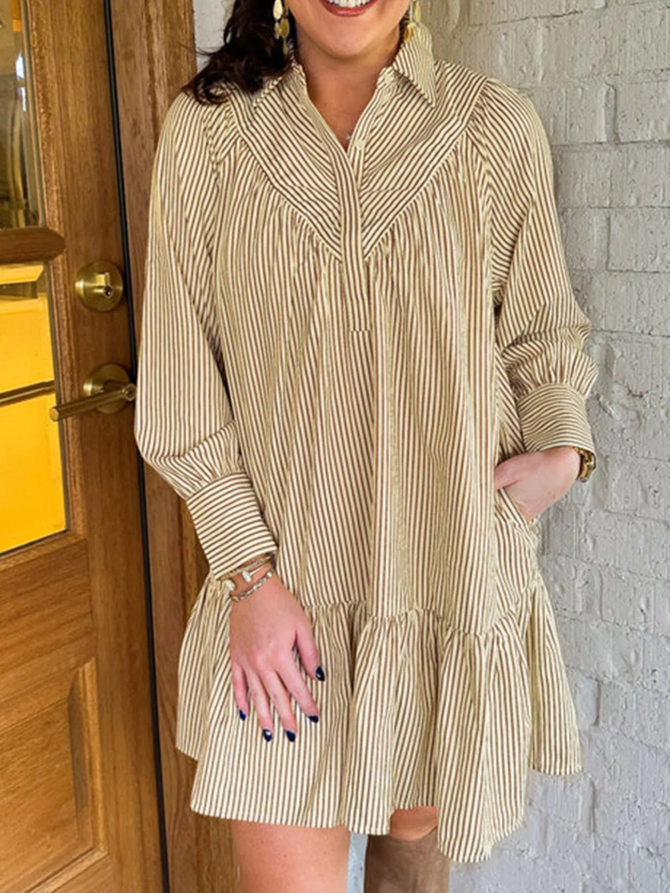 Stripe Collared Neck Cuffed Long Sleeve Drop Waist Mini Dress - Tigbul's Variety Fashion Shop