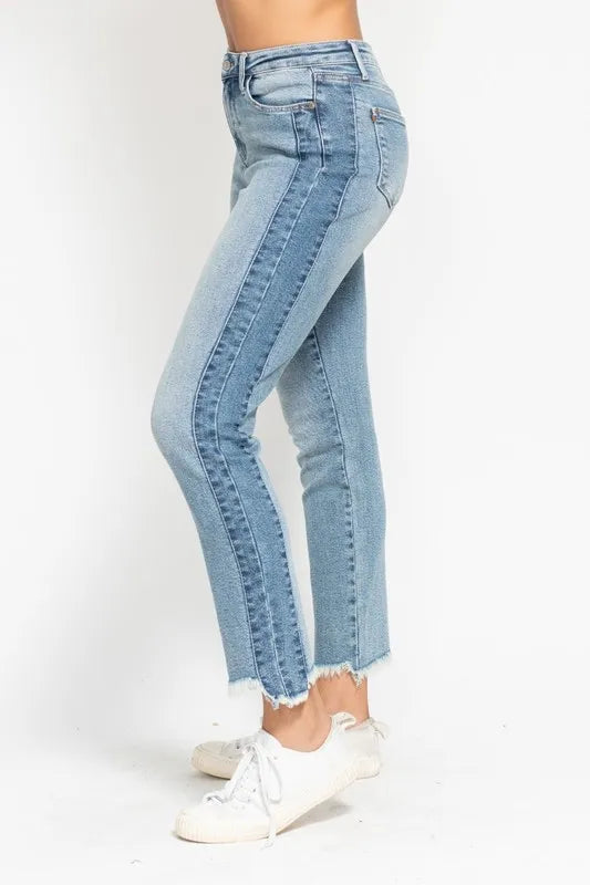 Judy Blue Full Size Vintage Wash Side Panel Detail with Fray Hem Slim Plus Size - Tigbul's Variety Fashion Shop