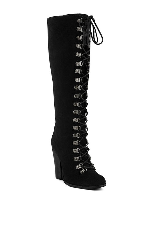 Size US 7 Black Antique Eyelet Block Heel Lace Up Calf Boot - Tigbul's Variety Fashion Shop