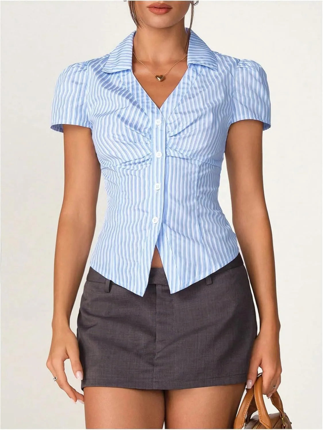 Striped Collared Neck Short Sleeve Shirt - Tigbul's Variety Fashion Shop