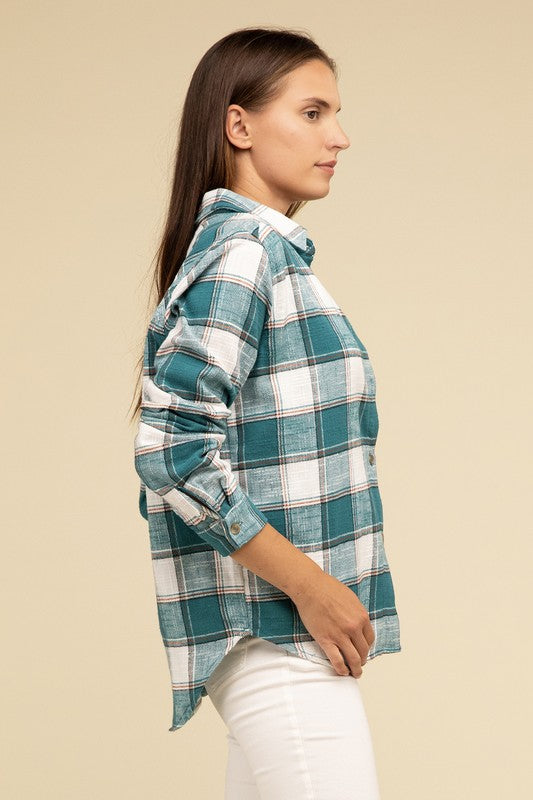 Cotton Plaid Shacket With Front Pocket - Tigbul's Variety Fashion Shop