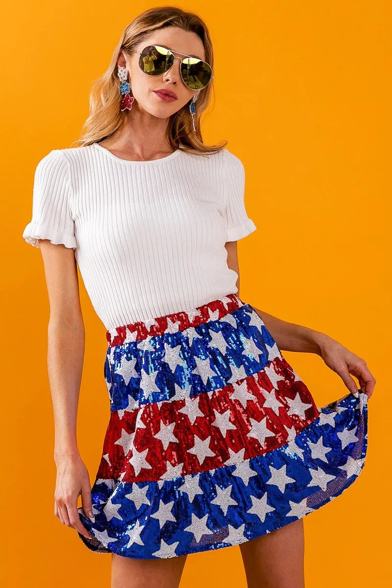American Flag Theme Star Sequin Tiered Skirt - Tigbul's Variety Fashion Shop