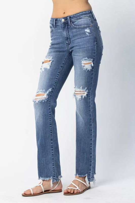 Judy Blue Full Size Mid Rise Destroy Straight Jeans Plus Size - Tigbul's Variety Fashion Shop