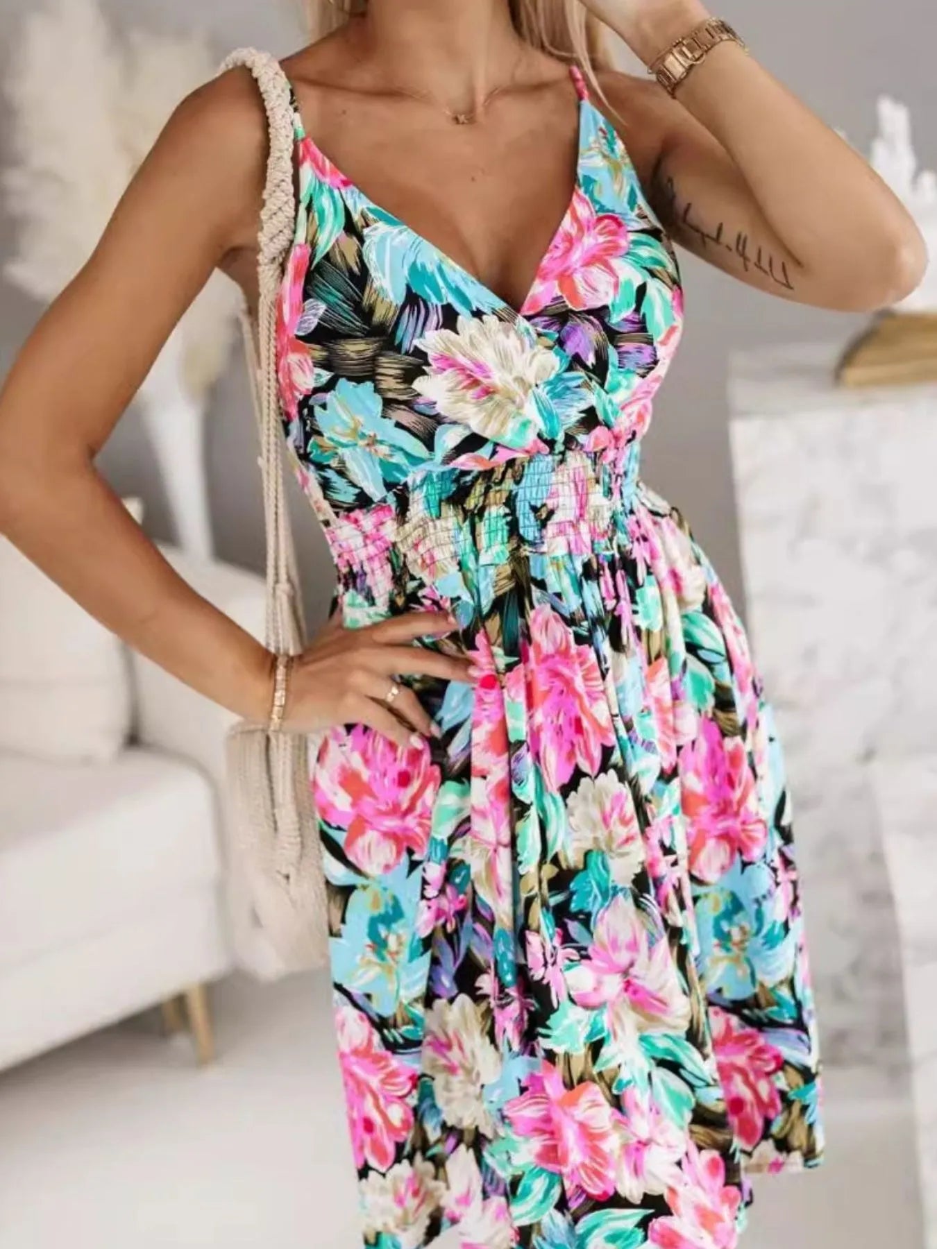 Tropical Print Spaghetti Strap Mini Dress - Tigbul's Variety Fashion Shop