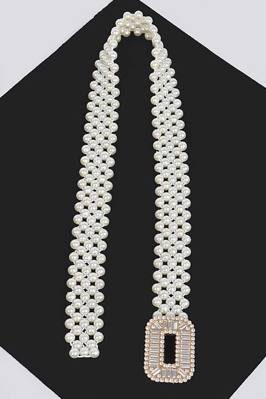 Crystal Buckle Pearl Elastic Belt - Tigbul's Variety Fashion Shop