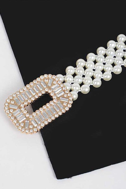 Crystal Buckle Pearl Elastic Belt - Tigbul's Variety Fashion Shop