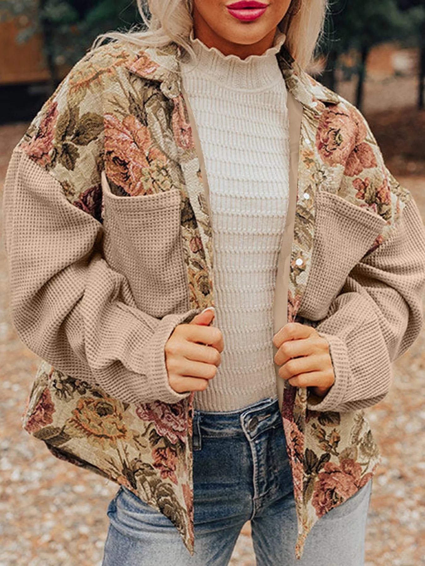 Floral Waffle Knit Patchwork Chest Pockets Buttoned Jacket - Tigbul's Variety Fashion Shop