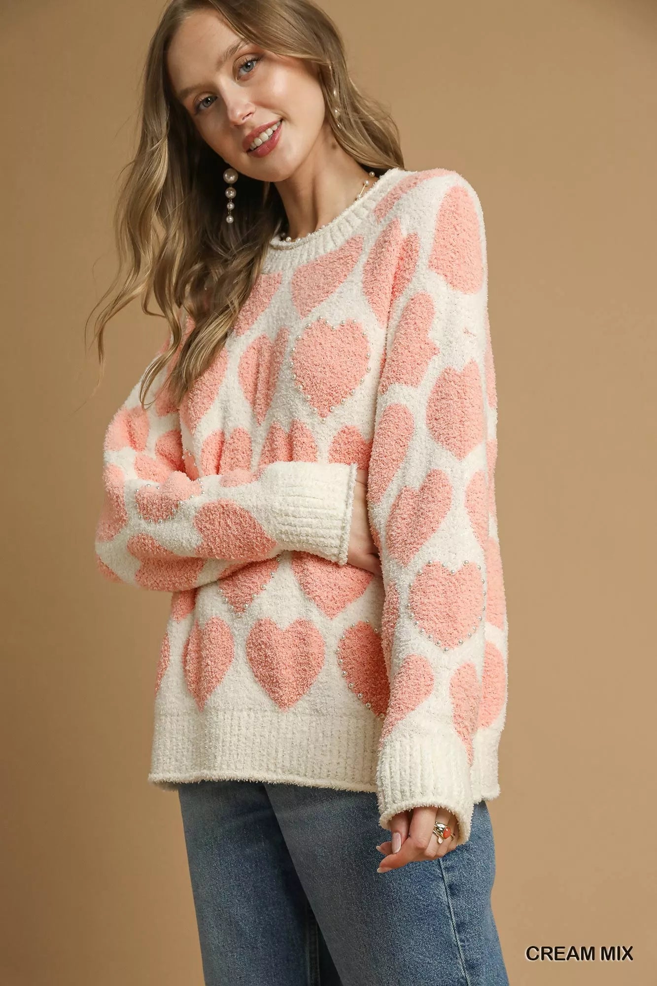 Cream Mix Color Heart Pattern Pearl Accent Sweater - Tigbul's Variety Fashion Shop