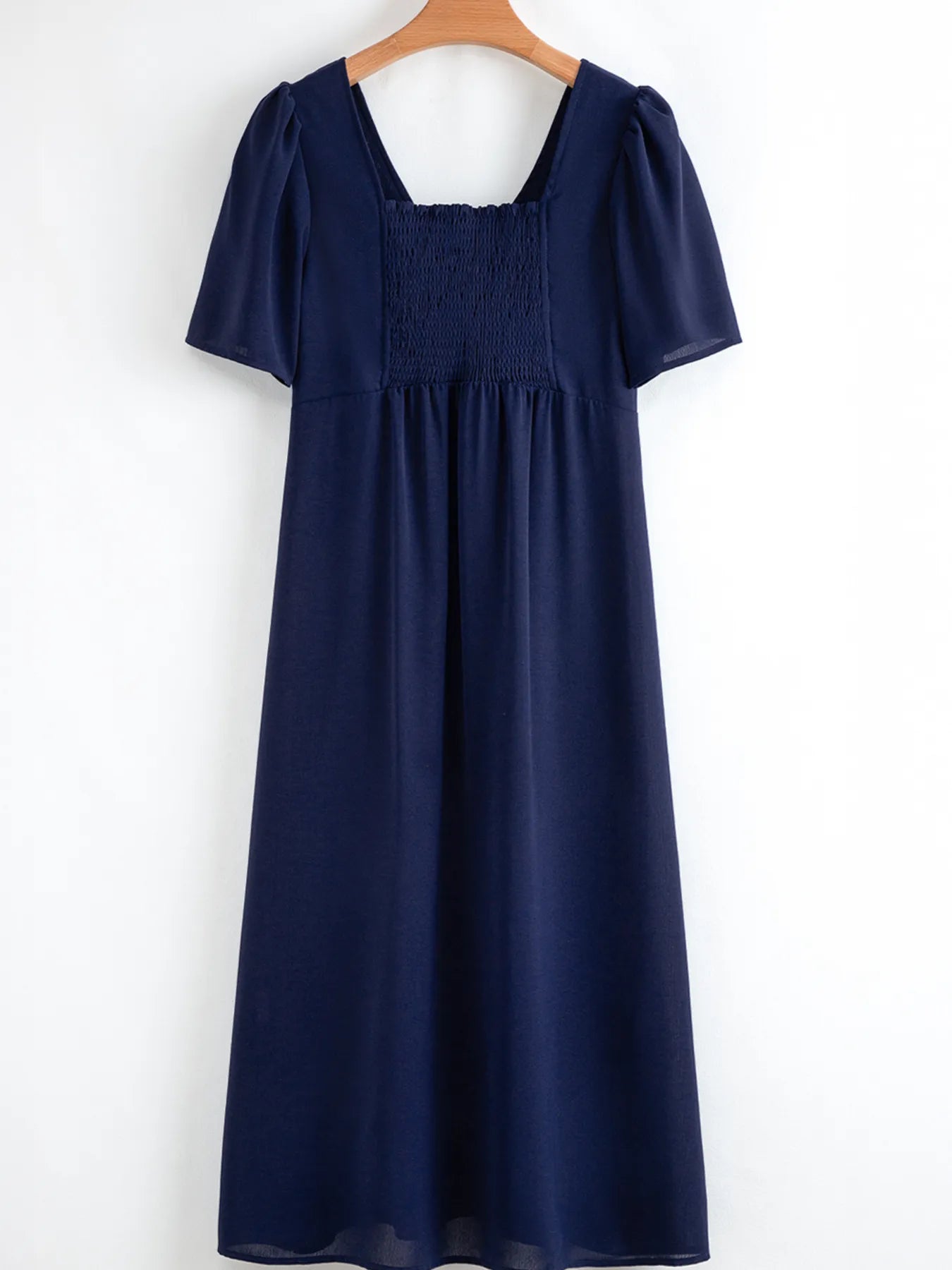 V Neck Buttoned Front Shirred Back Short Sleeve Midi Dress - Tigbul's Variety Fashion Shop