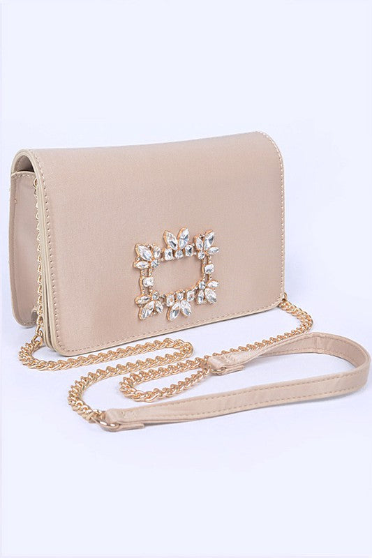 Crystal Buckle Designed Satin Crossbody Bag - Tigbul's Variety Fashion Shop